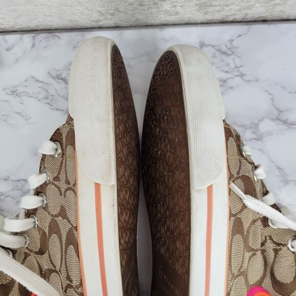 Coach Women's High Top Sneakers Brown Logo Canvas and Pink Embroidery - Picture 13 of 16